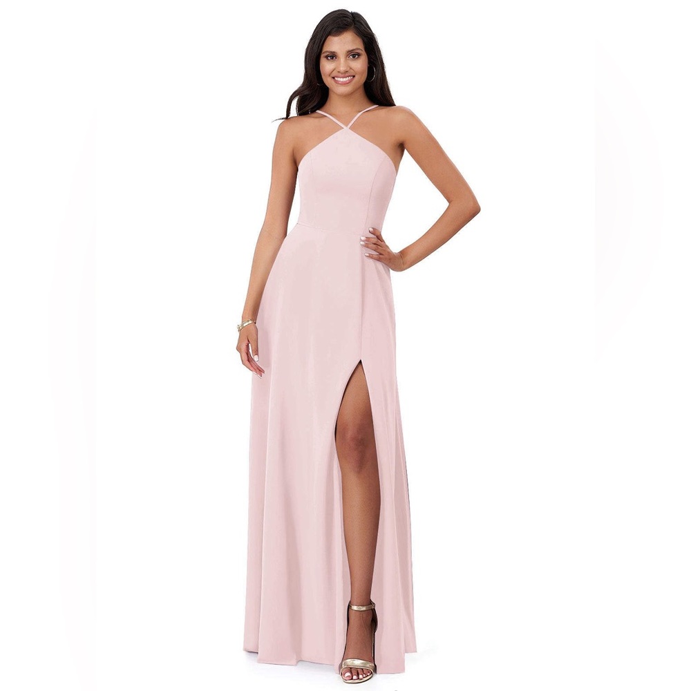 Azazie Bailey Blushing Pink Formal Dress with Slit and Adjustable Straps